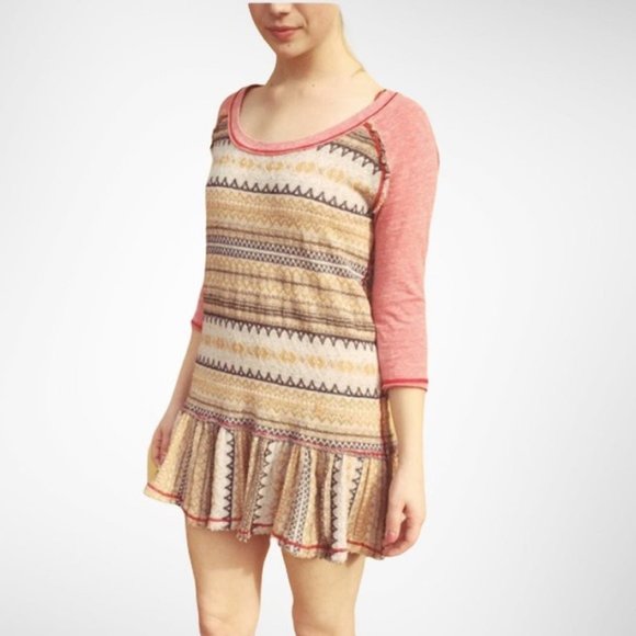 We the Free People Fair Isle Boho Tunic Mini Dress Size Small Raglan Sleeve - Picture 2 of 7